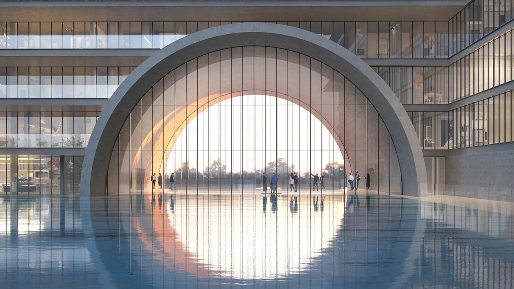 Sweeping curved architecture framing an illuminated central arch